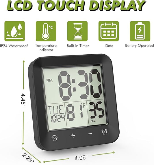 Shower Clock Waterproof Bathroom Timer, Digital Wall Clock with Countdown, Touch Screen, Temperature, LCD Display, Suction Cup Hanging Hole Stand for Kids and Adults