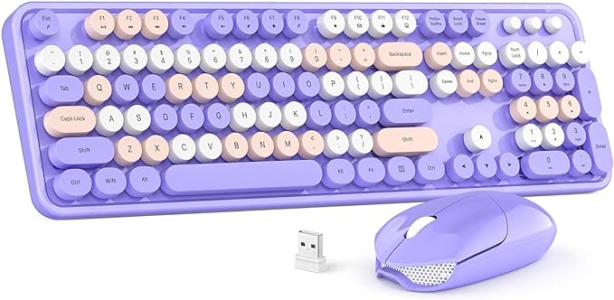 Wireless Keyboard and Mouse Combo, MOWUX Colorful Computer Full Size 2.4G Plug and Play Wireless Typewriter Keyboard and Mouse Set for Windows, Computer, Desktop, PC, Notebook (Purple Colorful)