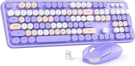 Wireless Keyboard and Mouse Combo, MOWUX Colorful Computer Full Size 2.4G Plug and Play Wireless Typewriter Keyboard and Mouse Set for Windows, Computer, Desktop, PC, Notebook (Purple Colorful)