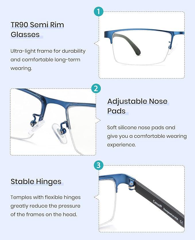 Cyxus Blue Light Glasses Men Computer Glasses Semi Rim Eyewear Ultralight UV Blocking Glasses for Relieve Digital Eye Strain, Dry Eyes, Headaches, and Blurry Vision