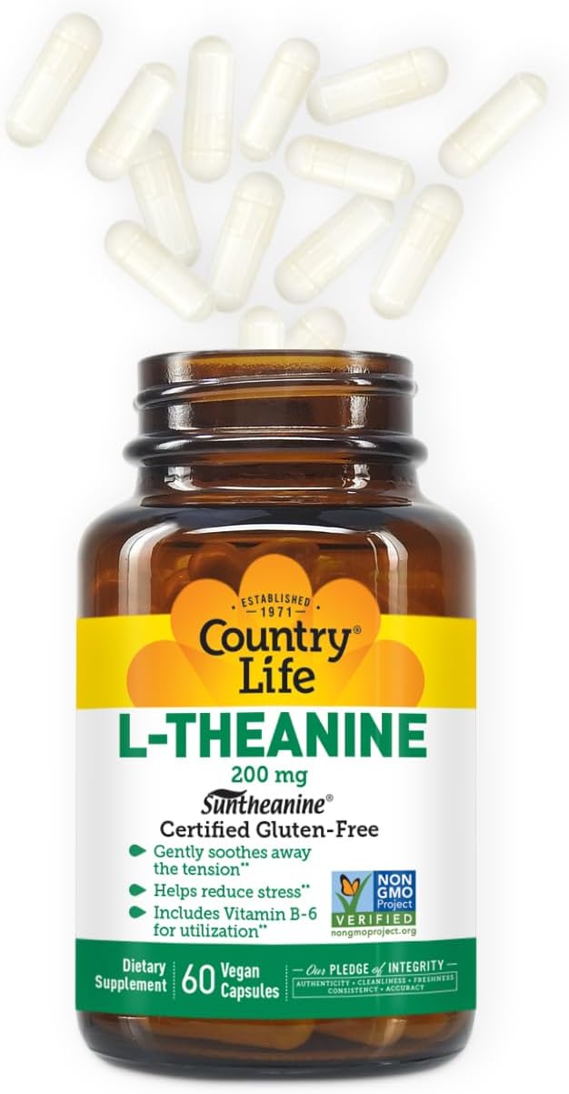 Country Life Suntheanine L-Theanine – 60 Vegan Capsules | Natural Stress Relief Supplement with Inositol | Promotes Relaxation, Focus & Better Sleep | Certified Gluten-Free, Non-Drowsy Formula