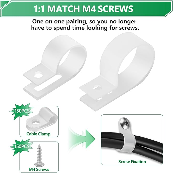 Cable Clips for Cable Management Cord Organizer, 6 Sizes 290 PCS Nylon R-Type, 3/16'' 1/4'' 3/8'' 1/2'' 3/4'' 1'' White Plastic Screw Mounting Cord Fastener Clamp Assortment Kit with M4 Screws