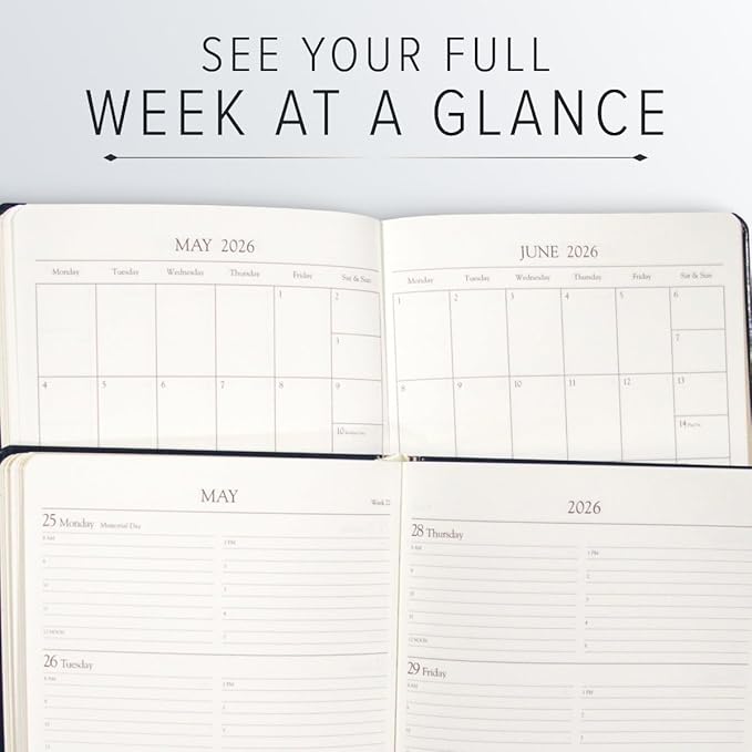 Gallery Leather Desk Hourly Weekly Monthly Planner 2025-2026, Elegantly Bound Calendar Planner and Notebook with Stylish Gold-Gilded Page Edges, 12 Months - Acadia Hope - 8 x 5.5 "