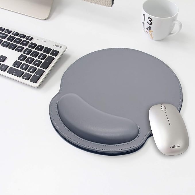Mouse Pad Leather Wrist Rest Support, Ergonomic Memory Foam Mouse Wrist Rest Pad with Non Slip Rubber Base, Durable, Comfortable Mousepad for Computer Pain Relief at Home, Office, Work Travel, Grey