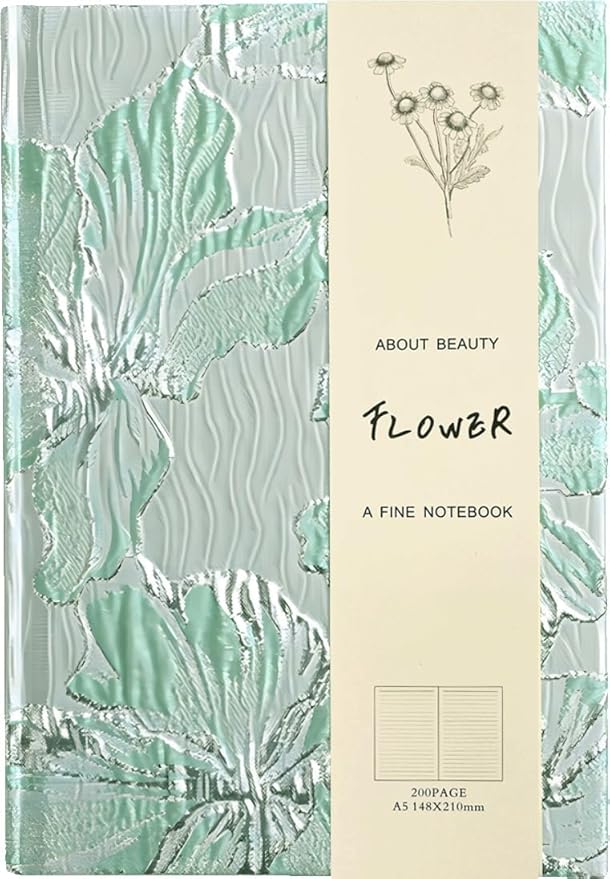 Flower Notebook, Hardcover, Lay Flat, A5, 6x8, Wide Ruled Pages, Writing Journal for Women, Pretty Notebook, Recipe Journal, Garden Journal, Gratitude Journal, Lily Gifts, Green