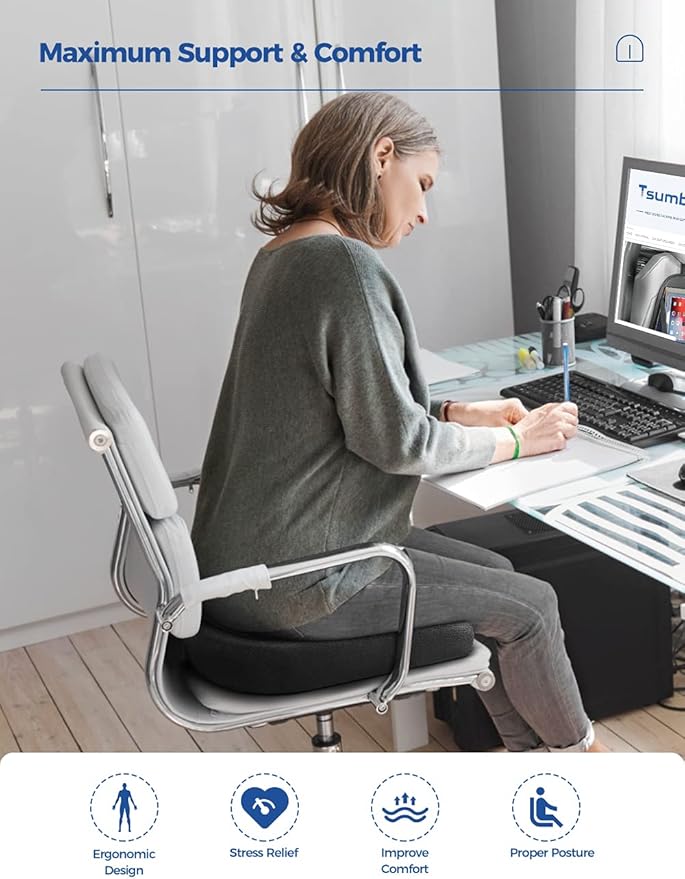 Tsumbay Seat Cushion for Office Soft Memory Foam Seat Cushion with Carry Handle，Washable Cover，Comfortable Coccyx Cushion for Home Office Chair Pad, Car Seat, Wheelchair -Black