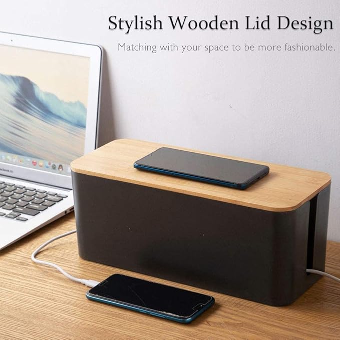 Cable Management Box, 2 Pack Bamboo Lid Large Storage Wires Organizer Holder for Home, Desk, TV, Computer, USB Hub - to Cover Hide Surge Protector Conceal Power Strips & Cords (Black)