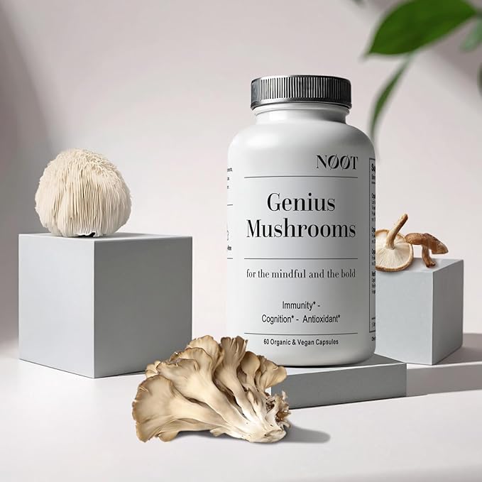 Genius Mushrooms Organic Mushroom Supplement - Nootropic Adaptogenic Vegan Brain Supplements for Memory and Focus, Biohacking, Immunity and Resilience 60 Capsules, 2 Month Supply