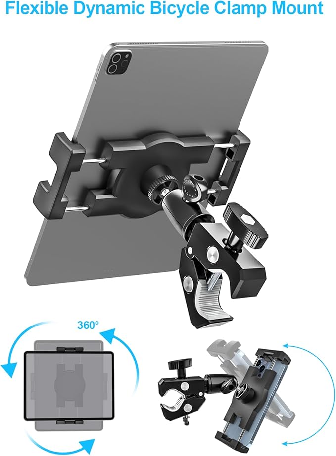 Aluminum Spin Bike Tablet Mount Camera Clamp, Handlebar Clip Tablet Holder for Exercise Bicycle, Indoor Treadmill, Stationary Bike for iPad Pro 12.9, Air, Mini, iPhone, Fire HD, e-Books, 4-13" Devices