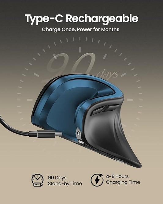 ProtoArc Ergonomic Vertical Mouse, EM11 NL Rechargeable Wireless Mouse Bluetooth, Ergo Mice with 3 Multi-Device for PC/Notebook/Laptop, 2.4GHz Optical Mice for Windows, Mac OS, Blue