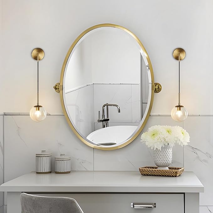 BOKT Mid Century Modern Globe Wall Sconce Lighting Brushed Brass Gold Amber Glass Round Wall Light Fixture Vintage Vanity Globe Bathroom Bar Wall Lamp (Gold+Amber)