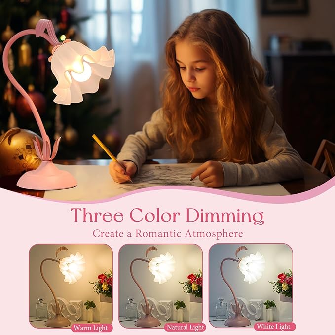 Cute Flower Table Lamp, Bedside Vintage Flower Lamp with LED Bulb, 3 Colors Temperature Flower Lamp for Bedroom Living Room Bedside Desk Reading Lighting Table Lamps Home Decoration (Pink)