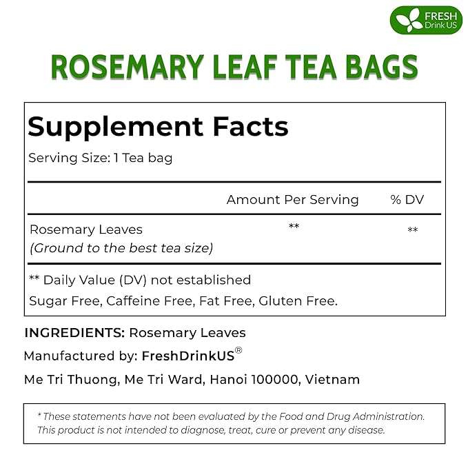 FreshDrinkUS, Premium 135 Rosemary Leaf Tea Bags, 100% Natural and Pure Rosemary Dried Leaves, Pure Rosemary Herbal Tea, No Additives, No Caffeine, No Gluten, Vegan. (135 Tea Bags)