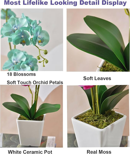 Faux Orchid in Vase Large Artificial Orchid in Ceramic Vase Teal Silk Orchids with Stems Real Look Potted Fake Flowers Arrangement Centerpiece Table Decorations for Home Decor Indoor, Golden Blue