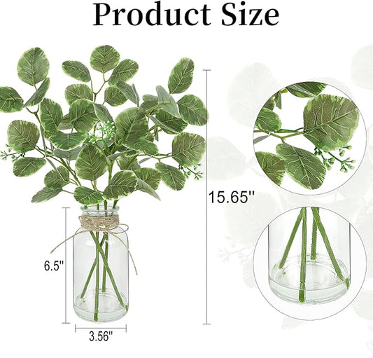 Fake Plants Eucalyptus Stems in Glass Vase with Faux Water, Artificial Plants Eucalyptus Leaves for Shelf Desk Bathroom Farmhouse Coffee Table Home Decor