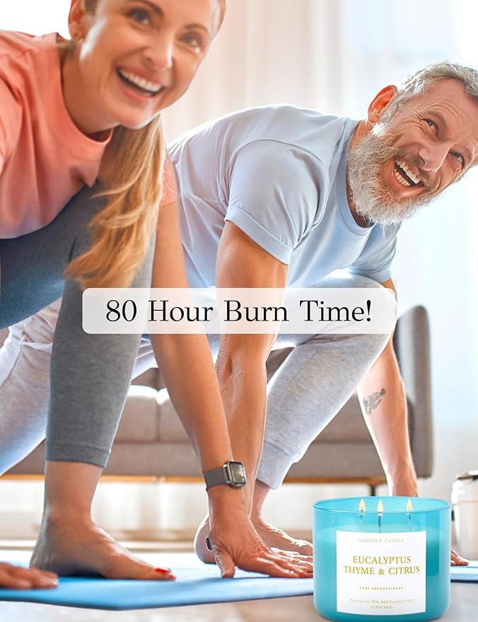 Eucalyptus Thyme Citrus Scented Candle - Large 3 Wick Soy Candle 15.8 oz - Aromatherapy Candle for Relaxation & Stress Relief - Calming Herbal Spa Scent - Long Lasting Candles for Women & Men