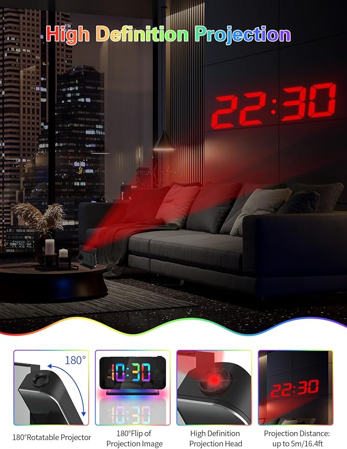 Projection Alarm Clock, Digital Colorful Clock with 180° Rotatable Projector, Mirror Clocks with RGB Night Light,Snooze,12/24H, Dual Charger Port, Auto Dimmer, LED Desk Clock for Bedroom