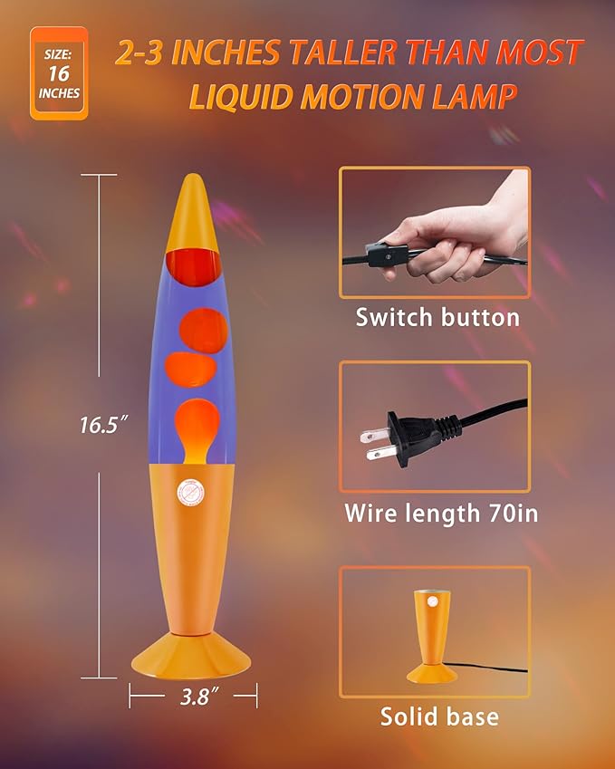 Liquid Motion Lamp 16" for Adults and Kids, Motion Lamp with Orange Wax in Purple Water for Home Living Room Office Bedroom Decor, Magma Mood Lamp Night Light Cool Gifts for Boys Girls Teens