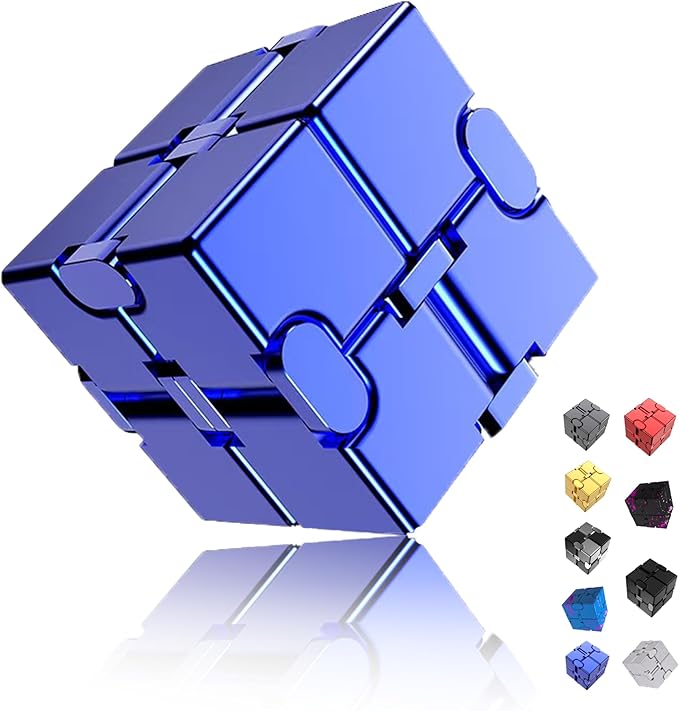Aluminum Alloy Anti-Stress and Anxiety Finger Flip Cube for Adults, Men, and Women, Ideal Desk Toy for Work or Home - Infinity Cube Desk Toy (Blue)