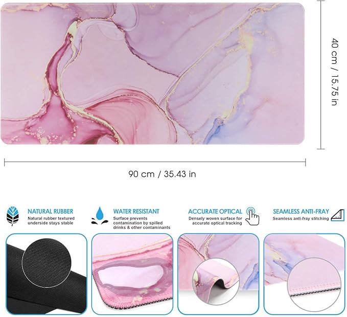 iCasso Extended Gaming Mouse Pad (35.4x15.7 in), Large 3mm Non-Slip Rubber Base Mousepad with Stitched Edges, Waterproof Keyboard Mouse Mat Desk Pad for Work, Game, Office, Home - Glitter Marble