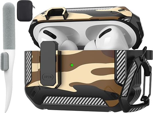Maxjoy AirPods Pro 2nd/1st Generation Case Cover with Lock, AirPods Pro 2 Protective Case with Keychain Compatible with Apple AirPod Pro2 2023 USB C Cable 2022 Lightning Cable/ Pro1 2019, Brown Camo