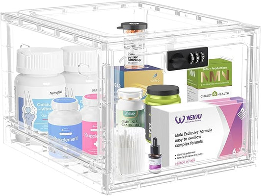 HOLYHY Medicine Lock Box for Safe Medication Storage, Large Refrigerator Lockable Storage Box for Kitchen Food Safe, Phone Jail iPad Tablet Lock Boxes for Kids Home/Office (Clear)