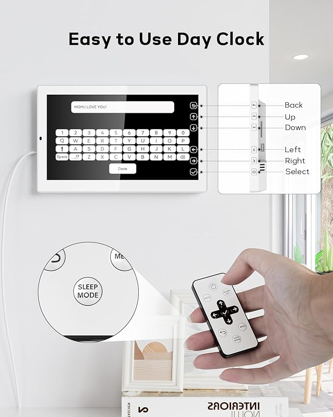 10.1" Digital Clock with Date and Day for Elderly, Remote Control Digital Calendar with 12 Themes & 9 Colors, AutoDST, 23 Preset Schedules & Customizable, Auto Dimming, Indoor Temperature, Humidity