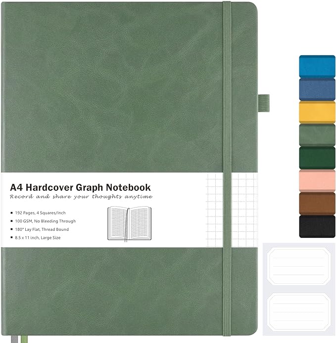 Graph Paper Notebook, Hardcover Notebook 8.5 x 11, Grid Notebook Journal for Women, Men, Large Leather Journals for Writing, Thick Paper, A4 Notebooks for Work, School Supplies, Engineering Olive