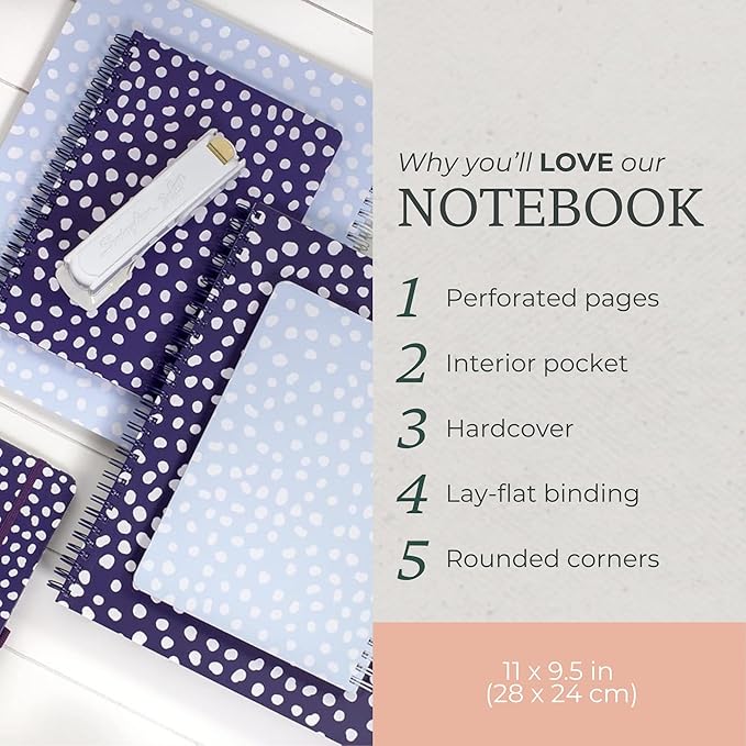 Steel Mill & Co Cute Large Spiral Notebook College Ruled, 11" x 9.5" with Durable Hardcover and 160 Lined Pages, Light Blue Dots