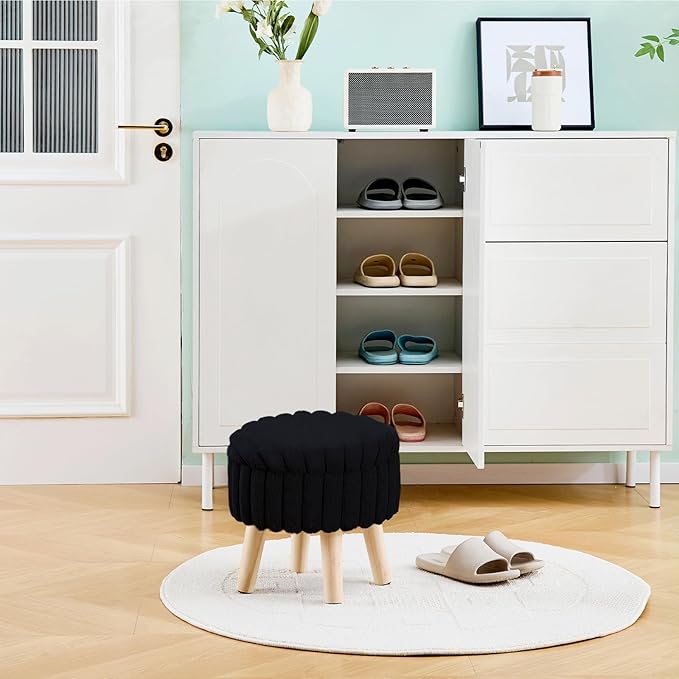 Wimarsbon Storage Ottoman,Soft Faux Fur Footstool with Padded Seat, Small Reading Vanity Chair, Footrest with Wood Tray for Couch, Mini Coffee Table or Display Stand (Black, Round Storage)