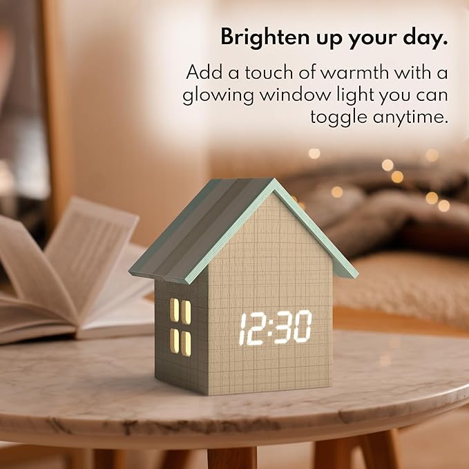 Driini Digital House Shaped Alarm Clock with Temperature Display (Stripe Wood) – Modern Aesthetic - Cute Cube Frame and White LED Dimmer - Perfect Large Desk Clock for Bedside Table or Bedroom Mantle