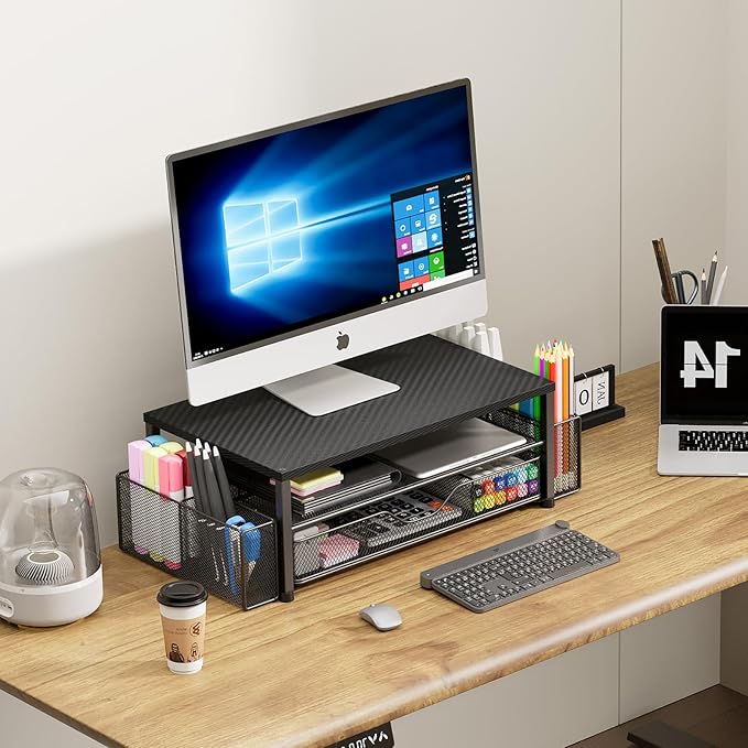 Desk Organizer and Accessories, 2-Tier Computer Monitor Stand with Drawer and 2 Pen Holders, Laptop Stand, Office Desk Accessories for Office Supplies, Carbon Fiber