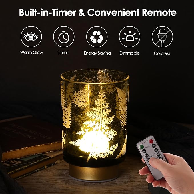 Eywamage Battery Operated Glass Table Lamp, Boho Green Ferns Leaves Mood Light with Remote, Cordless Bedside Accent Lamp Room Decor