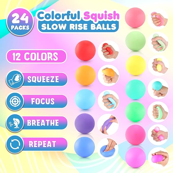 Slow Rising Stress Ball 24 Pack, Stretchy Fidget Ball for Anxiety Stress Relief, Hand Therapy Sensory Squishy Ball, Pull Stretch Fidget Toy for Students, Classroom Prize Box Toys
