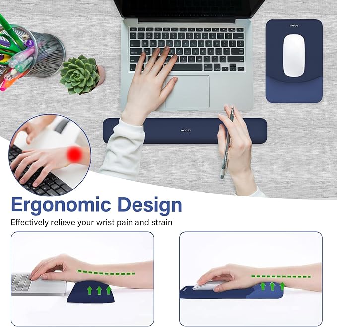 MOSISO Wrist Rest Support for Mouse Pad&Keyboard Set, Rectangular Ergonomic Mousepad Non-Slip Base Home/Office Pain Relief&Easy Typing Pad with Neoprene Cloth&Raised Curved Memory Foam, Navy Blue