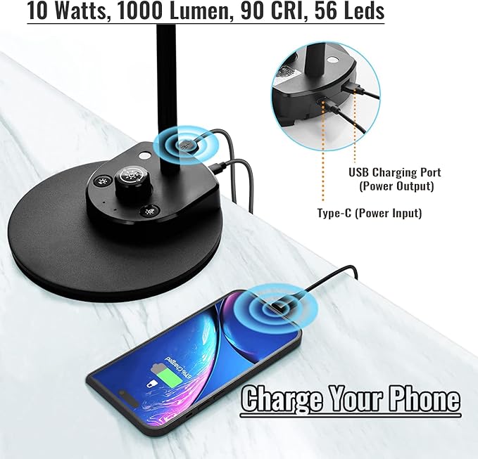 LED Desk Lamp, Desk Light with USB Charger, 3 Color Temperature and 20 Brightness Levels, Eye-Caring Metal Desk Light for Office and Bedroom, 10W, 1000 Lumens, Adapter Included (Black)