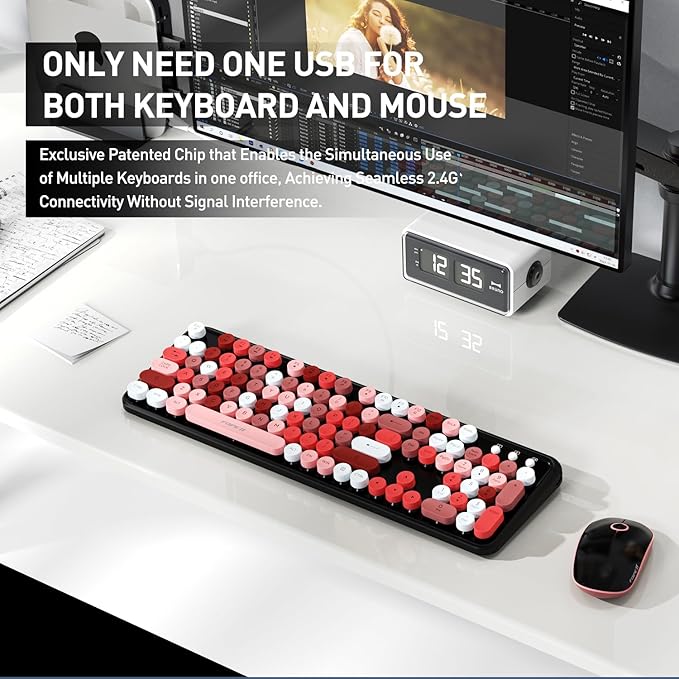 Keyboard and Mouse Wireless,Cute Retro Wireless Keyboard Mouse Combo with Round Key,2.4Ghz Dropout-Free Connection,Typewriter Wireless Keyboard Mouse Set for PC Laptop Desktop Computer-Black Colorful