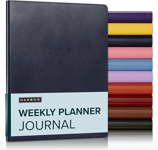 Harbor Weekly Journal Notebook Planner 2025-2026 - Lined, Durable Faux Leather, Softcover, 176 Quality Pages, For Men and Women, For Writing, Work & Travel, Leida Navy - 9x7"