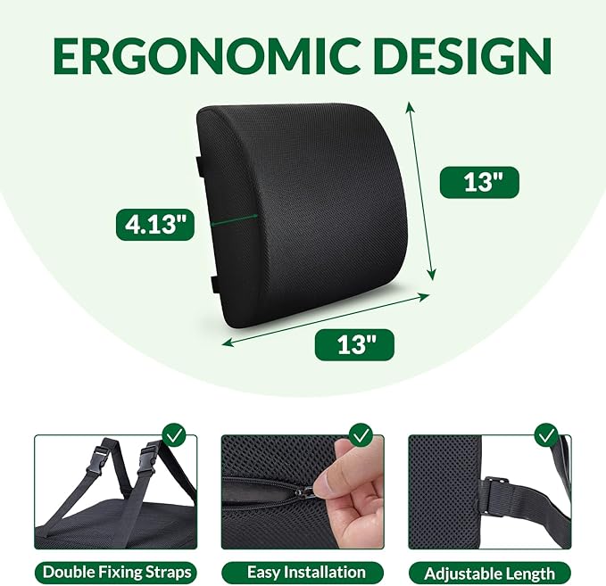Lumbar Support Pillow for Office Chair Car Seat,Charcoal Memory Foam Chair Back Cushion for Back Pain Relief with Double Adjustable Straps