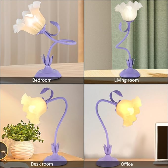 Cute Flower Desk Lamp, 3 Color Temperature Table Lamp with LED Bulb, Vintage Bedside Lamps, Reading Lamps with Soft Light for Bedroom, Living Room（Purple）