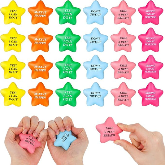 POPLAY 24PCS Inspirational Stress Relief Balls, 2inch Star Stress Balls Colorful Foam Squeeze Balls Motivational Stress Balls for Kids Adults Anxiety Fidget Sensory