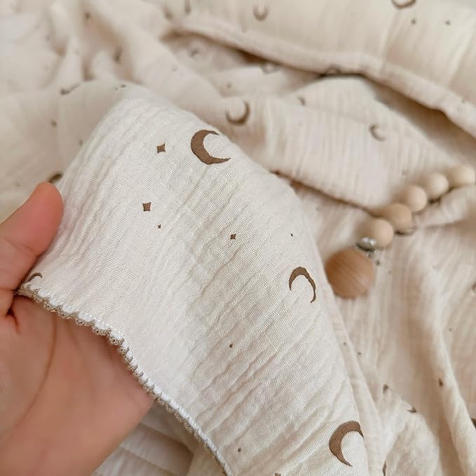 BuLuTu 100% Cotton Toddler Blankets Soft Breathable Crib Blanket for Infant Baby Girls Boys, Ultra Lightweight Muslin Baby Nursery Blankets,Moon Pattern,47"x51"