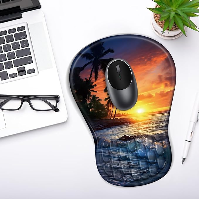 Ergonomic Mouse Pad with Wrist Rest Support, Mousepad with Comfortable Memory Foam Wrist Rest and Non-Slip PU Base for Pain Relief, Computer, Laptop, Office, Home (Sunset Beach)