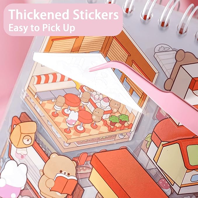 20 Sets DIY 3D Scene Sticker Book for Adults,Cute Sticker Therapy 3D Scenes Relief Stress Pass -Bakery, Library, Panda Supermarket,Tea Party