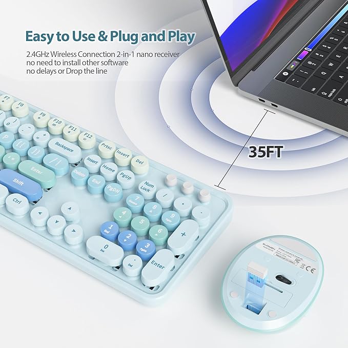 Fogruaden Blue Retro Typewriter Keyboard and Mouse Wireless, 2.4GHz Office Full-Sized Colorful Computer Keyboard with Number Pad and Cute Mouse for Windows PC Desktops Laptop