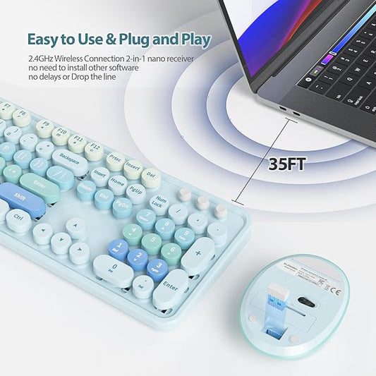 Fogruaden Blue Retro Typewriter Keyboard and Mouse Wireless, 2.4GHz Office Full-Sized Colorful Computer Keyboard with Number Pad and Cute Mouse for Windows PC Desktops Laptop