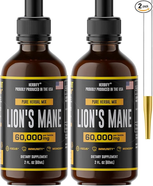 HERBIFY Lions Mane - Lions Mane Mushroom Supplement- Lions Mane Tincture - Immune Support - Lions Mane Tincture for Memory, Focus & Clarity - Daily Mushroom Supplement - 2 Fl oz 2 Pack