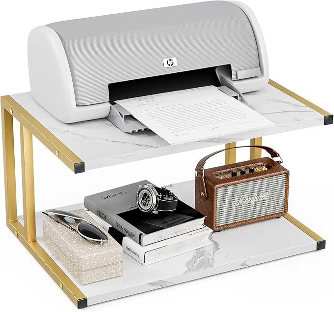 2 Tier Printer Stand, Desktop Printer Stand with Reinforced Metal Frame, Marble White Design Printer Shelf for Home Office, Compact Printer Stand for Desk or Under Desk, Holds Up to 20lbs