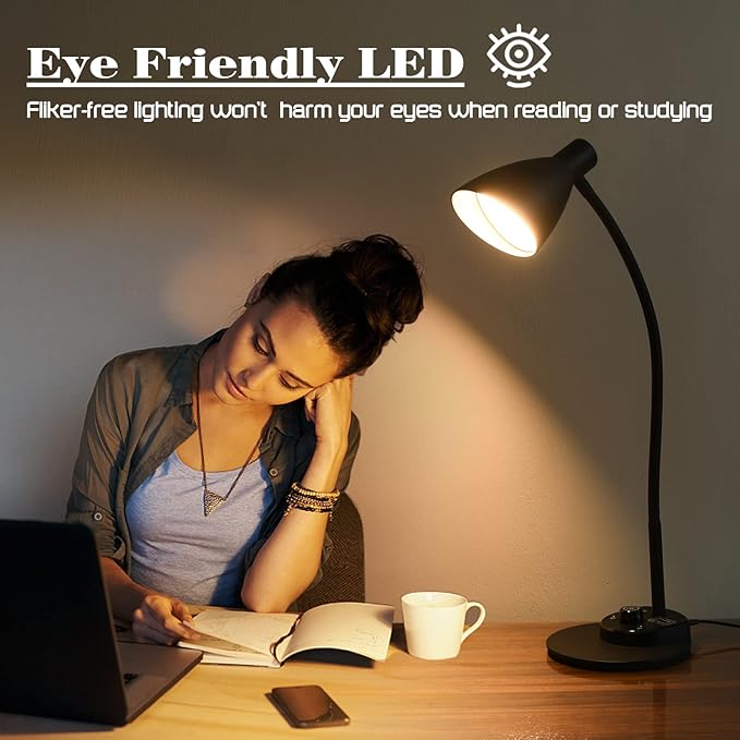 LED Desk Lamp, Desk Light with USB Charger, 3 Color Temperature and 20 Brightness Levels, Eye-Caring Metal Desk Light for Office and Bedroom, 10W, 1000 Lumens, Adapter Included (Black)