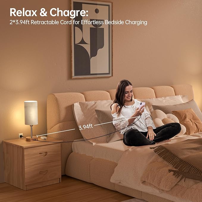 Bedside Lamp with Retractable Charging Cords, 74W Fast Charging Nightstand Lamp, 3-Way Dimmable Touch Lamp with LED Bulb, 4 in 1 Charging Station for iPhone, iPad, Desk, Office